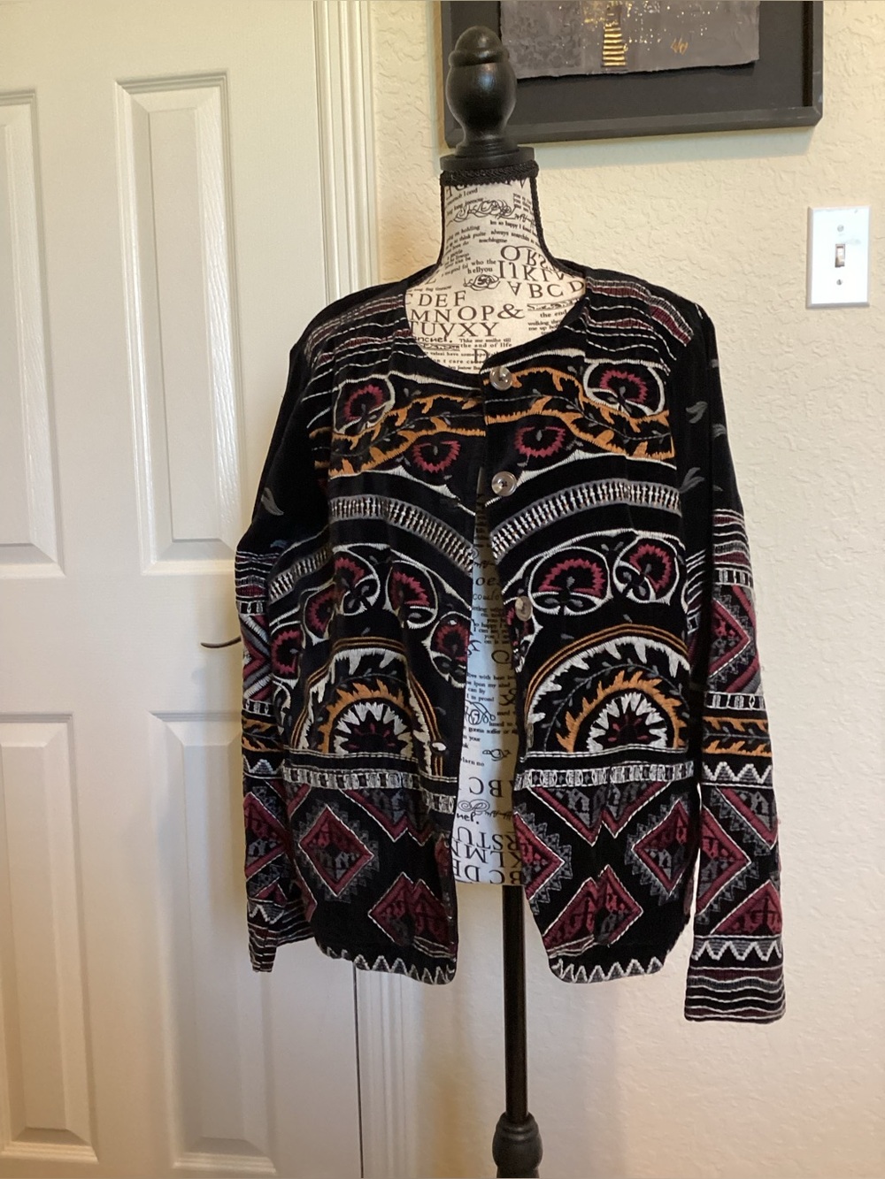 Boho Johnny Was Embroidered Black Cardigan Sweater - Multi-Color Pattern